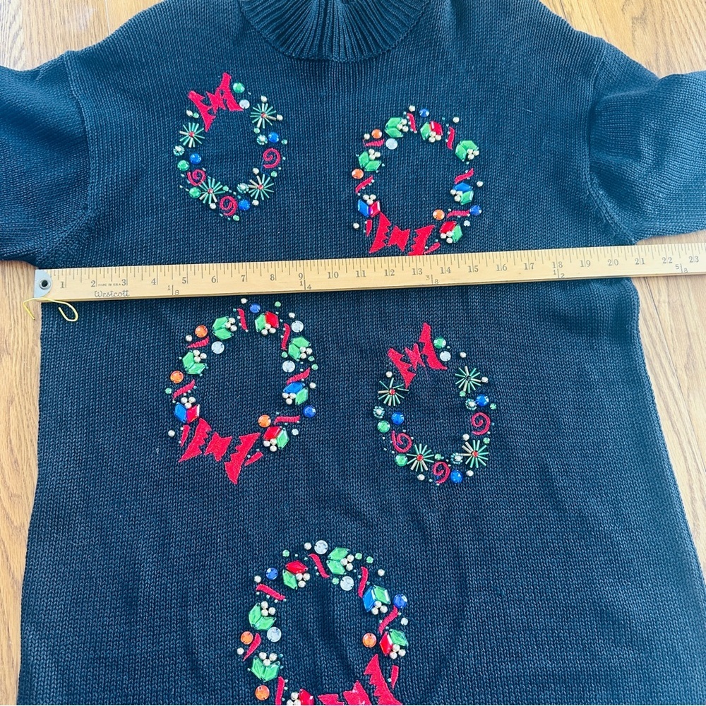Karen Scott Black Sweater with Colorful Wreaths - Picture 2 of 8